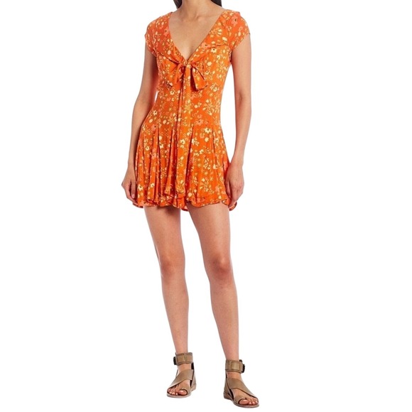 Free People It Takes Two Mini Wrap Dress Orange Floral Print sundress XS - Picture 2 of 8